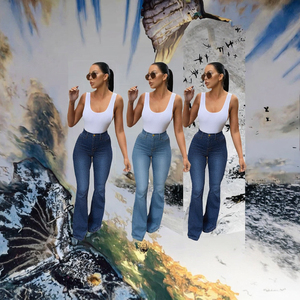 Jean d'été bleu ample taille haute pour femme, pantalon évasé vintage élégant en denim extensible décontracté à jambe large - Product Image 3