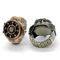 Reloj de Anillo de Lujo con Tapa Abatible, Reloj de Dedo Redondo de Aleación, Reloj de Cuarzo con Diseño de Timón de Crucero, Anillo de Acero Inoxidable con Banda Elástica, Regalo Unisex
