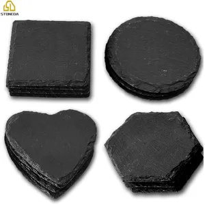 厂家批发深黑色方形圆心六角形办公室咖啡切割面或粗糙石板杯垫