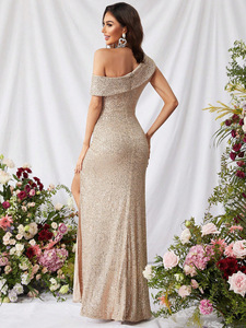Abito Lungo Aderente Premium con Paillettes, Monospalla e Collo Pieghettato, per Eventi Formali e Serate Glamour - Product Image 3