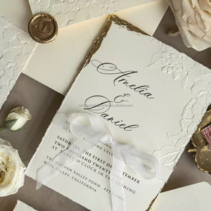 Custom Wedding Invitation with Torn Edge Vintage Handmade Cotton <b>Paper</b> Cards For Wedding - Product Image 3