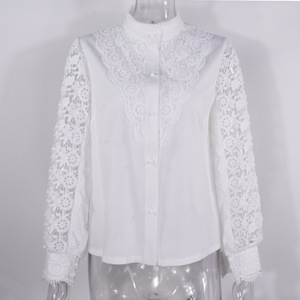 新しいファッション女性レディレース中空アウトスタンドマンダリンカラーホワイトボタン長袖Vネック春カジュアルシャツ - Product Image 6