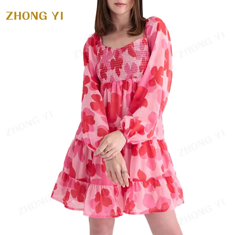 Женское шифоновое платье с длинным рукавом и цветочным принтом