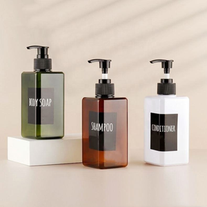 Square PET Bottles with Pump 300ml Amber Green White Body Soap Shampoo Conditioner Label Design - Product Image 1
