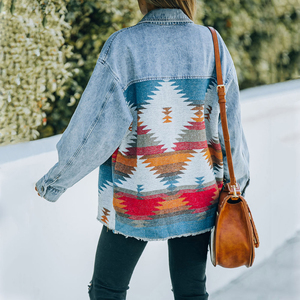 Jeans vestes décontractées 2023 automne hiver nouveau Aztec poche à revers manteau en <span class=keywords><strong>jean</strong></span> Patchwork manches longues laine <span class=keywords><strong>veste</strong></span> rétro pour femmes - Product Image 2