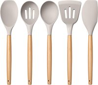 Ensemble d'ustensiles de cuisine 5 pièces avec manche en bois, outils en silicone antiadhésifs, spatule, cuillère ajourée, non toxiques et résistants à la chaleur