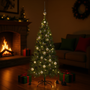 Sapin de Noël artificiel pré-éclairé de 70,9 pouces avec cônes de pin, lumières LED blanc chaud, décoration intérieure, base vert-grise sur pied - Product Image 2