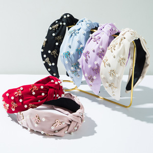 Nuevo en Perla Accesorio para el <span class=keywords><strong>cabello</strong></span> Ventas al por mayor Color <span class=keywords><strong>pastel</strong></span> Arco Diadema Tela Bowknot Diadema Linda - Product Image 1
