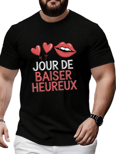 Camiseta de algodón puro para hombre, estampado de labios rojos con frase de beso francés, cuello redondo informal, manga corta, regalo del Día de San Valentín - Product Image 1
