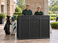 Comptoir de réception extérieur pour parcours de golf, support de sacs et de sacoches, en plastique recyclé, mobilier de club-house, logo personnalisé