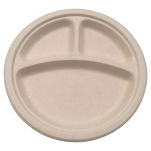 Assiette jetable en bagasse 3 compartiments de 9 pouces - Écologique, résistante à la chaleur, compatible micro-ondes pour plats à emporter/camping/midi - Product Image 1
