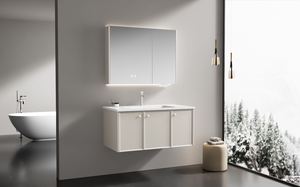 Mueble de <span class=keywords><strong>Baño</strong></span> Flotante de Acero Inoxidable de Lujo, Color Blanco Cálido, con Triple <span class=keywords><strong>Espejo</strong></span> Deslizante, Tiradores Dorados y <span class=keywords><strong>Luz</strong></span> LED para <span class=keywords><strong>Baño</strong></span> Principal - Product Image 5