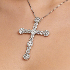 CUSTOM SILVER 10K/14K/18K GOLD PLATED LAB GROWN CVD DIAMOND CLASSIC ENGAGEMENT GIFT SWEATER <b>CHAIN</b> NECKLACE <b>CROSS</b> PENDANT - Product Image 3