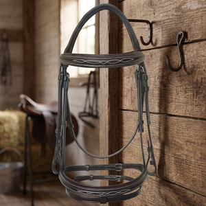 Brida Inglesa de Cuero para Caballo con Corona Acolchada y Cabezalín Cavesson, Herrajes de Acero Inoxidable de Tamaño Completo, Brida para Caza y Exhibición - Product Image 2