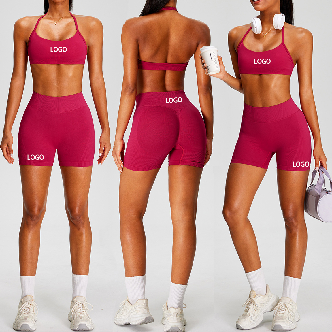 Seamless Halter Neck Solid Sports Suit Women Outdoor Casual Running Cycling Fitness Two-piece Yoga Set
