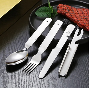 DFC02 Juego de cubiertos portátiles de acero inoxidable para exteriores, cuchillo, tenedor, cuchara, abridor de botellas de cerveza, kit de 4 piezas - Product Image 1
