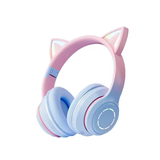 Wireless Foldable Over-Ear Headphones Low Latency Mobile Phone LED Battery Indicator Gradient Color Cat Ear Gamer Headset Girls