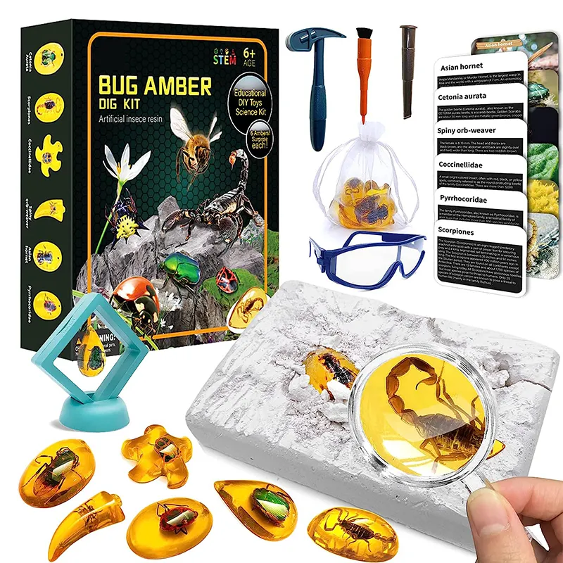 STEM prescolare scopri 6 insetti artificiali campioni di resina Geographic Educational Science Bugs Toy Kids Bug Amber Dig Kit