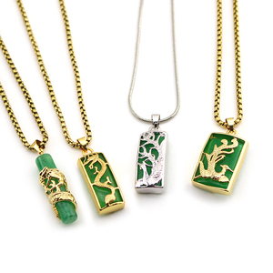HY0010 pendentif rectangulaire en jade vert <span class=keywords><strong>Dragon</strong></span> Phoenix chinois, collier en acier inoxydable, collier pendentif bicolore or argent - Product Image 1