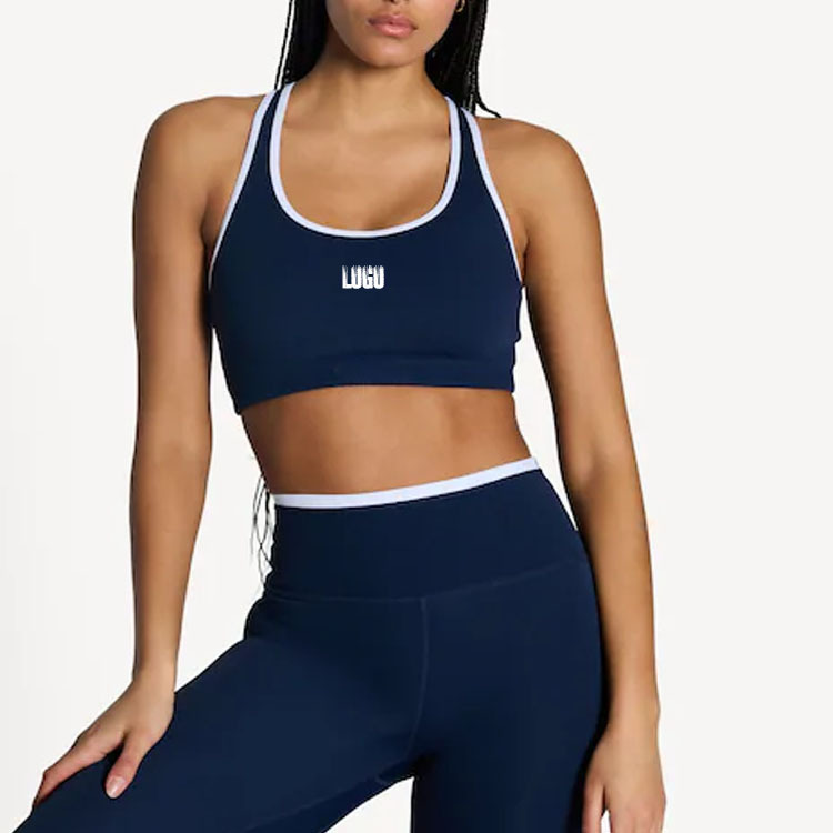 OEM Custom Manufacturers Navy Soft Square Neckline Mid-Support Crop Top Contrast Trim Women Sports Bra with Removable Padding