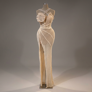 Vestido de Noche Largo de Satén con Encaje, Antiestático, Cuello Alto, Espalda Descubierta, Sexy, con Cuentas de Cristal, Diseño Vintage, para Fiesta Formal - Product Image 3