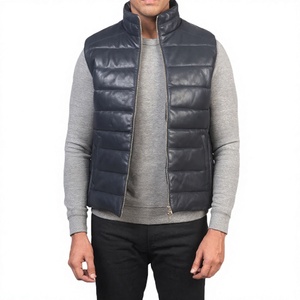 Men's <b>Black</b> Genuine Leather Stand Collar Padded <b>Vest</b> With Zipper Closure Windproof Casual Winter Outerwear - Product Image 1
