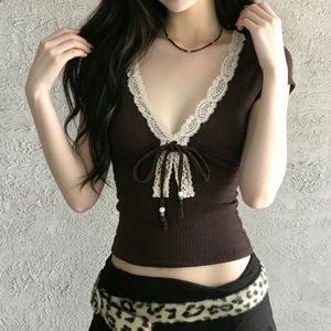 Vintage Textured Fabric Beaded V Neck T <b>Shirt</b> Slim Fit Sexy Short Sleeve Fashion Top Women - Product Image 4