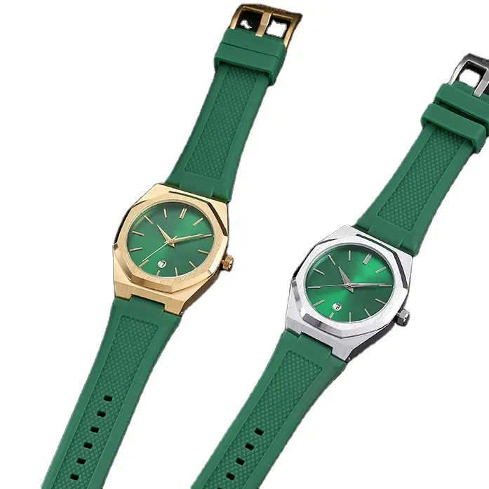 Moda homem mostrador verde relógio luxo enrolador silicone cinta relógio verde completo para homem esporte