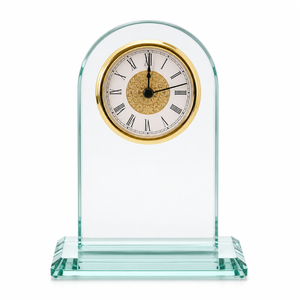 Horloge de bureau en cristal, trophée, avec cadran romain doré et base gravée, 18 cm, cadeau de retraite, vente en gros, personnalisation OEM - Product Image 1
