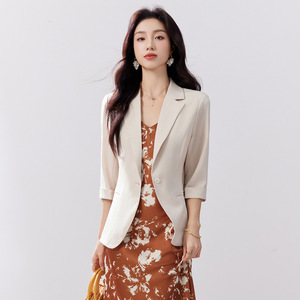 Pink Women's Blazer Three Quarter Sleeve Slim Fit Solid Color Summer Casual Chic Lightweight Jacket - Product Image 3