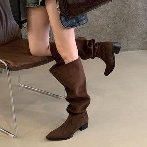 Bottes longues femme 2025 automne-hiver, nouveau modèle, style décontracté, simple, polyvalent, minimaliste, couleur unie, tige large, talon épais, bout pointu - Product Image 5