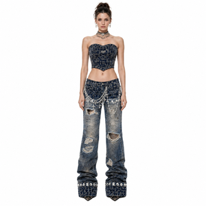 Jean évasé ample pour femme Wangsheng, coupe décontractée, effet vieilli, denim déchiré, respirant, en coton/élasthanne WS-ZL-01-069 - Product Image 6