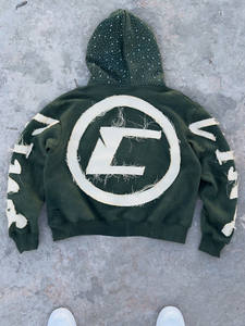 Felpa da Uomo Effetto Invecchiato con Cappuccio Patch Ricamato Personalizzato Strass Cerniera Lavaggio Acido Vintage French Terry Streetwear per l'Inverno - Product Image 3