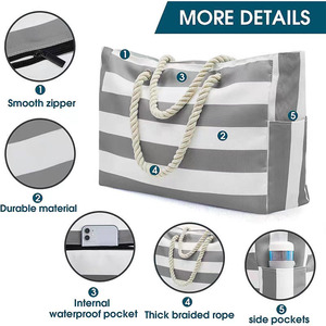 Custom Logo Waterproof Zipper Pocket Canvas Striped Large Capacity <strong>Summer</strong> Beach Handbag Tote <strong>Bag</strong> with Rope Handle for Women - Product Image 2