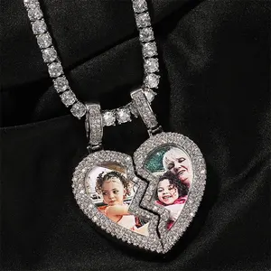 Silver Plated Diamond CZ Zircon Paved Broken Split Heart Magnetic Pendant Custom Photo Necklace Family Jewelry