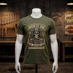 เสื้อยืดลายกราฟิกวินเทจ Route 66 ลายหัวกะโหลกสำหรับนักขี่มอเตอร์ไซค์ พิมพ์ลายสกรีน ระบายอากาศได้ดี ผ้าฝ้าย 100% สีเขียวมะกอก สำหรับผู้ชาย สไตล์เรโทร - Product Image 1