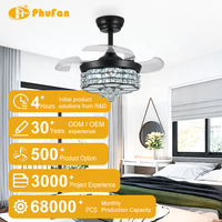Kipas Angin Plafon Kristal Bilah PC Retractable Dengan Lampu LED Remote Control Motor DC LED Dapat Diredupkan untuk Restoran Dapur Kamar Tidur