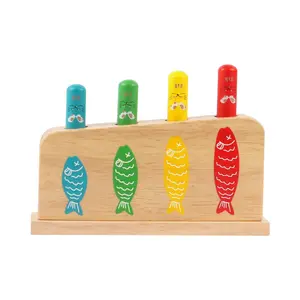 智力婴儿木制几何匹配玩具鱼弹跳游戏棒彩色动物形状块分类游戏