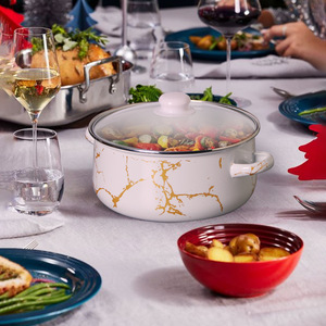 Juego de utensilios de cocina de cinco piezas de esmalte y laca engrosados - Olla para guisos con tapa de vidrio de <span class=keywords><strong>doble</strong></span> <span class=keywords><strong>bisagra</strong></span> y patrón de mármol, y tazón para sopa con tapa - Product Image 3