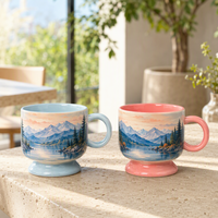 Mug à café en céramique 330 ml avec logo personnalisé OEM, motif floral tropical et imprimé oiseau, tasse à pied en gros pour café, cadeau, décoration intérieure