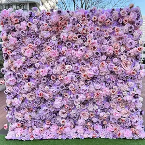Wedding Home Decor Floral Background Mat Pink Silk Rose Flower Wall Backdrop Panel 3D Roll Up Cloth Artificial Flower Wall