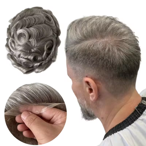 Pelucas de cabello humano indio alineadas con cutícula cruda India <span class=keywords><strong>para</strong></span> <span class=keywords><strong>hombres</strong></span>, tupé marrón gris, tupé protésico con ondas Q6 <span class=keywords><strong>para</strong></span> <span class=keywords><strong>hombres</strong></span>, cabello gris 80% gris - Product Image 1