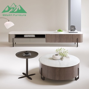 Ensemble de meuble TV Wayon <span class=keywords><strong>en</strong></span> pierre frittée moderne et luxueuse et table basse ronde <span class=keywords><strong>en</strong></span> placage de bois de noyer pour le salon - Product Image 1