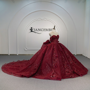 Robe de Quinceañera de luxe Lsmc25-Pz rouge bordeaux, robe de bal en tulle scintillant, corset perlé, drapé, orné de strass et de fleurs 3D - Product Image 2