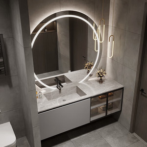Meuble de salle de bain en bois massif avec vasque en céramique simple et sans joint - Product Image 1