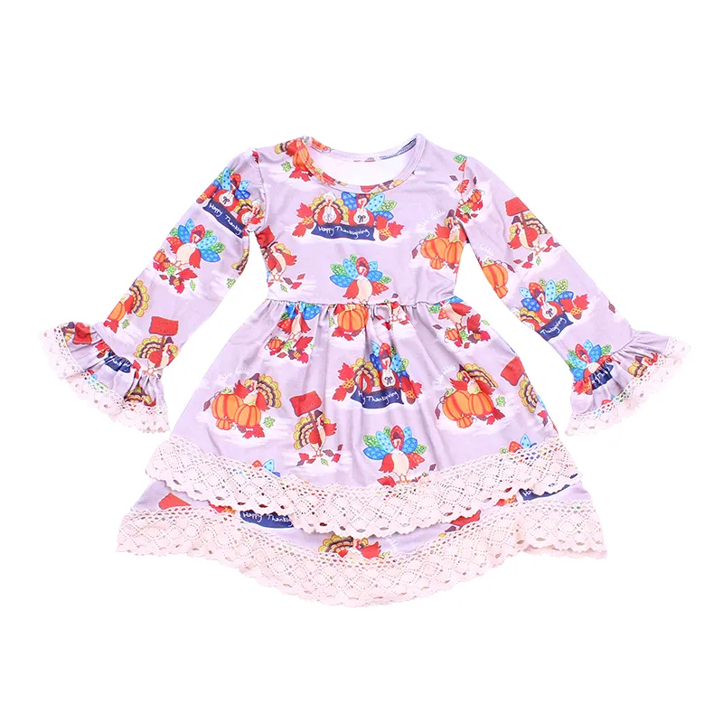 Baby girl Thanksgiving dress turkey design cotton long sleeve frocks design for fall lace dress for newborn baby infant clothing