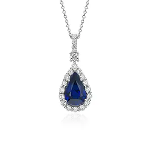 Collana di battitura brillante delicata collana di pietre preziose a goccia di zaffiro in argento Sterling 925 con gioielli da donna