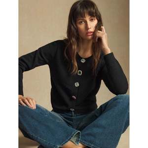 Crew Neck <b>Cardigan</b> Women's Black Warm Knitwear - Product Image 3