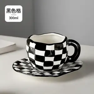 Ins caneca de cerâmica artesanal, xícara de café personalizada irregular 10oz e molhador para chá da tarde, xícara de cerâmica retrô, utensílios de caneca