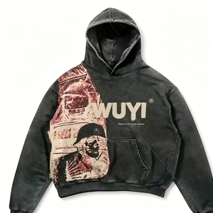 Sweat à capuche graphique personnalisé en coton vintage coupe ample imprimé squelette délavé à l'acide pour homme, streetwear, pull épais - Product Image 1